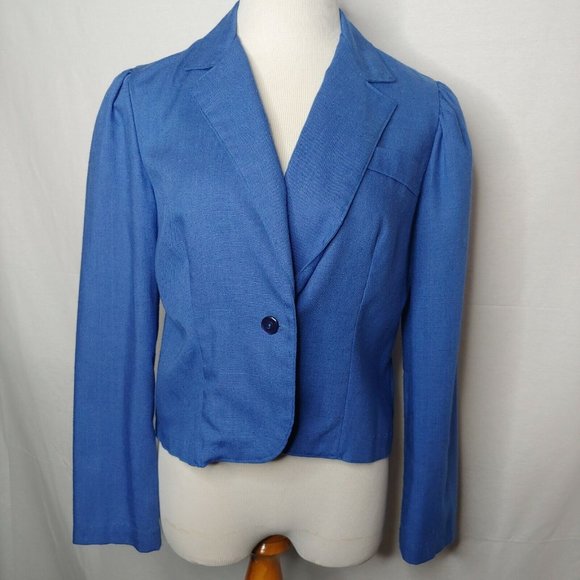 Vintage ILGWU Union Made Womens M Blazer Jacket Blue Cropped Ruffled Shoulders - Picture 1 of 11